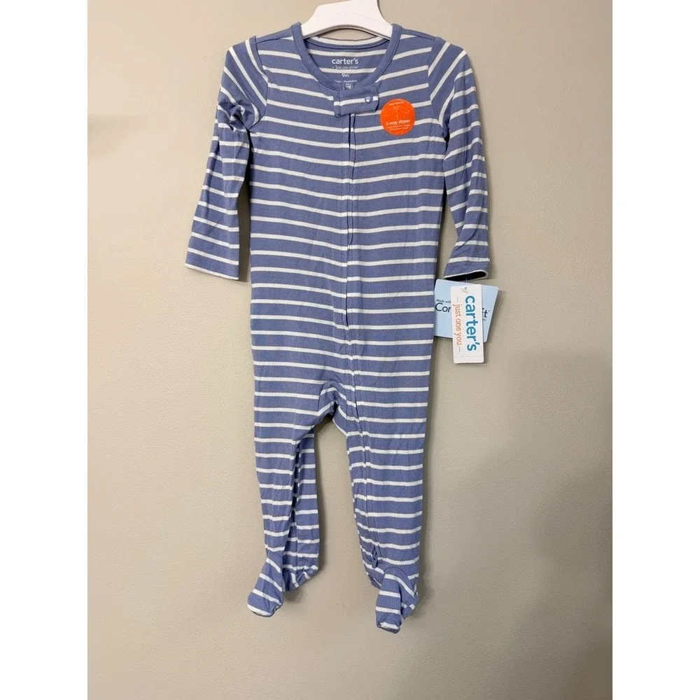 Carter's Sleeper Baby 9M Blue White Striped 2-Way‎ Zip Footed Pajamas NWT